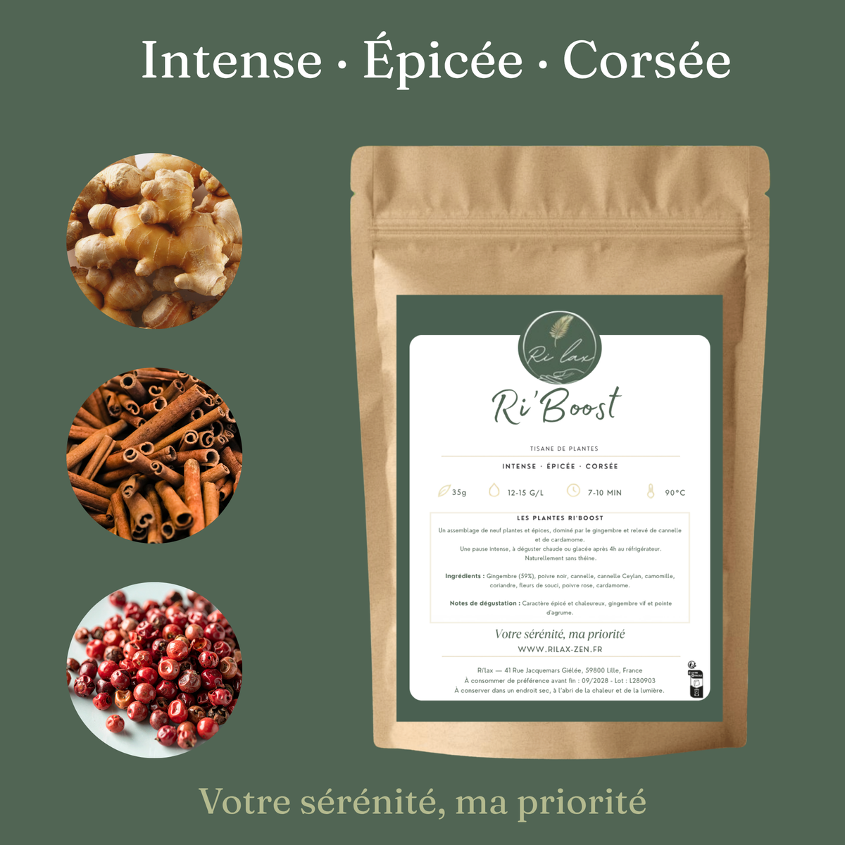 Sachet kraft de tisane Ri'Boost au gingembre et à la cannelle, 35 g