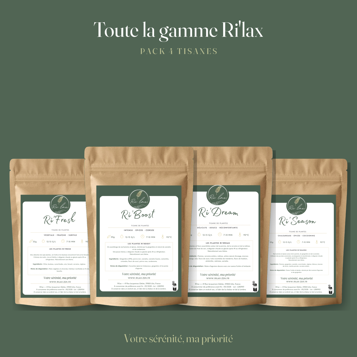 Coffret des 4 tisanes Ri'Lax : Ri'Fresh, Ri'Boost, Ri'Dream et Ri'Season